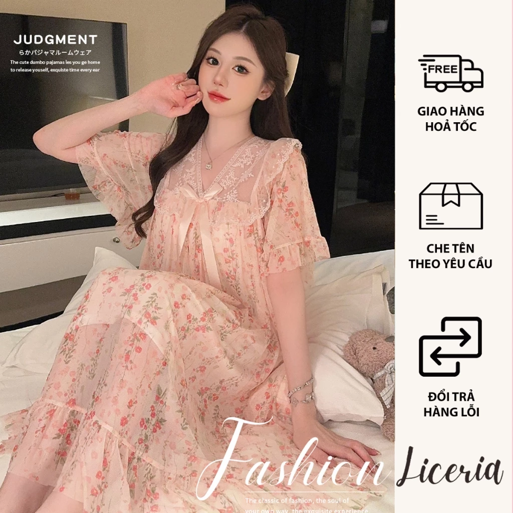 Đầm Ngủ Mặc Nhà CERIA 3931 Có Đệm Ngực Hoa Ren Nơ Lưới Phong Cách Công Chúa