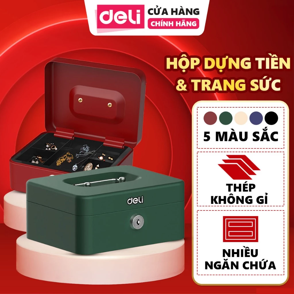 Hộp Đựng Tiền Kim Loại Deli Hộp Đựng Trang Sức Nhiều Ngăn Bảo Vệ Tài Sản Cho Nhà Bán Hàng, Văn Phòng
