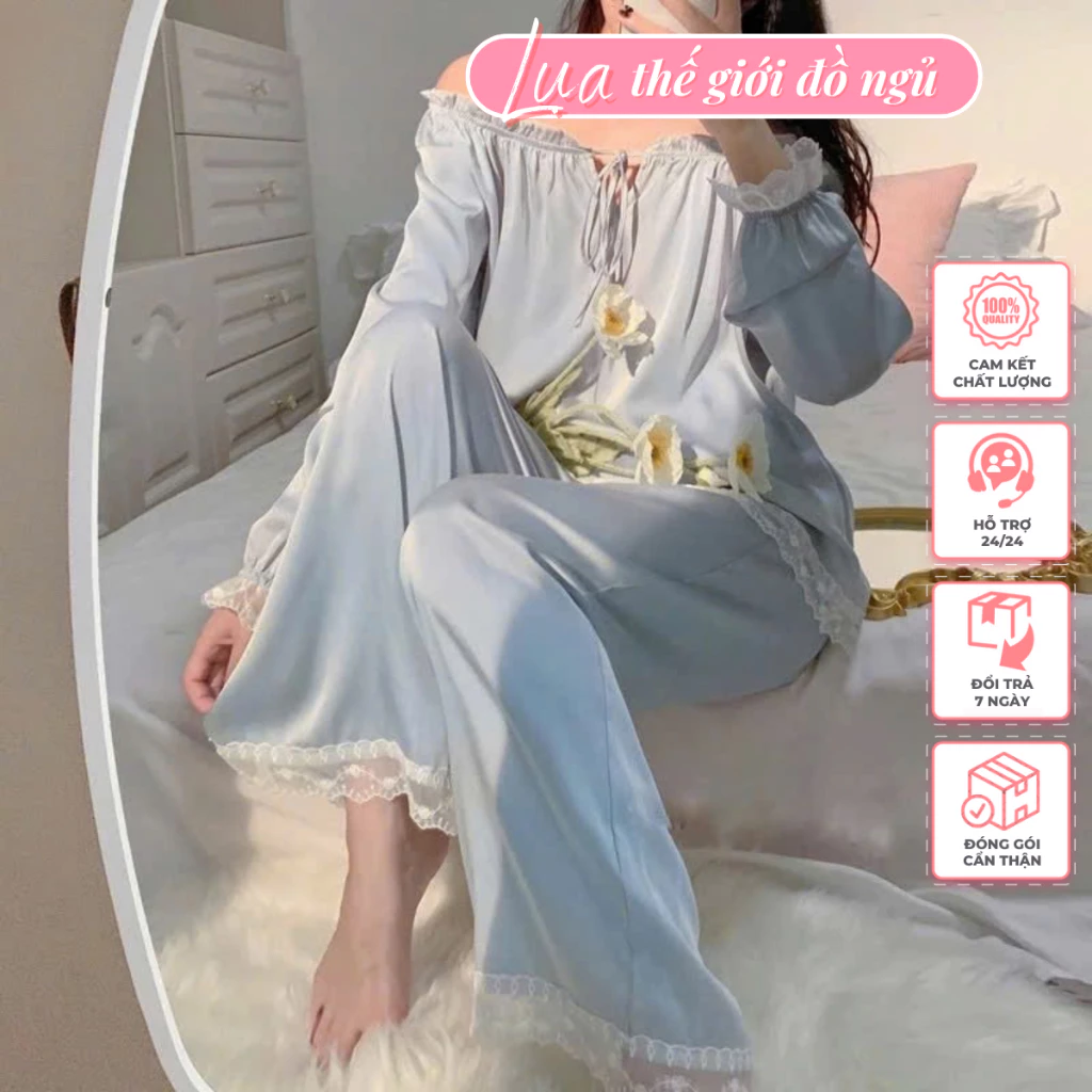 Pijama lụa lantin qc cao cấp ,bộ ngủ dài tay phối ren phong cách công chúa xinh sắn