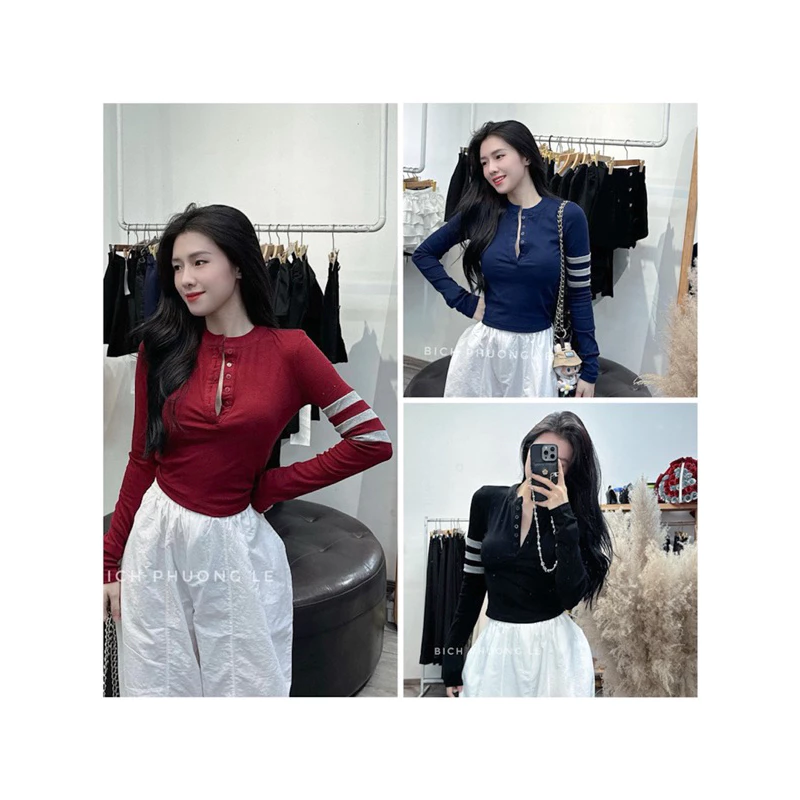 Áo Thun Tay Dài 3 Sọc Cổ Tàu Nhiều Cúc 2 Màu áo body tay dài chất thun dip co dãn JUDIE.Closet ( kèm ảnh thật )