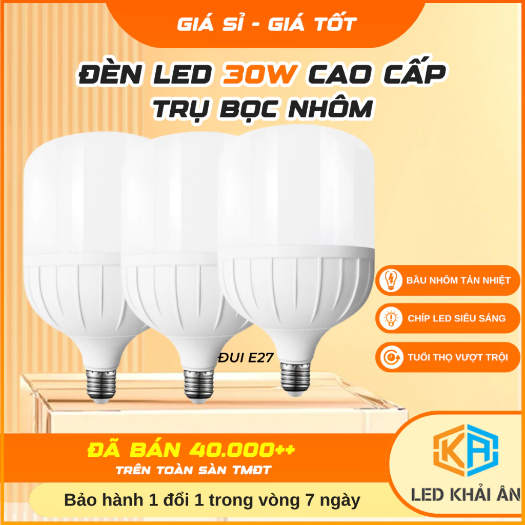 Combo 3 bóng Đèn Led Bulb Trụ Nhựa Bọc Nhôm 30W Công suất đủ 30w, tản nhiệt tốt. Bảo hành 24 tháng đổi mới