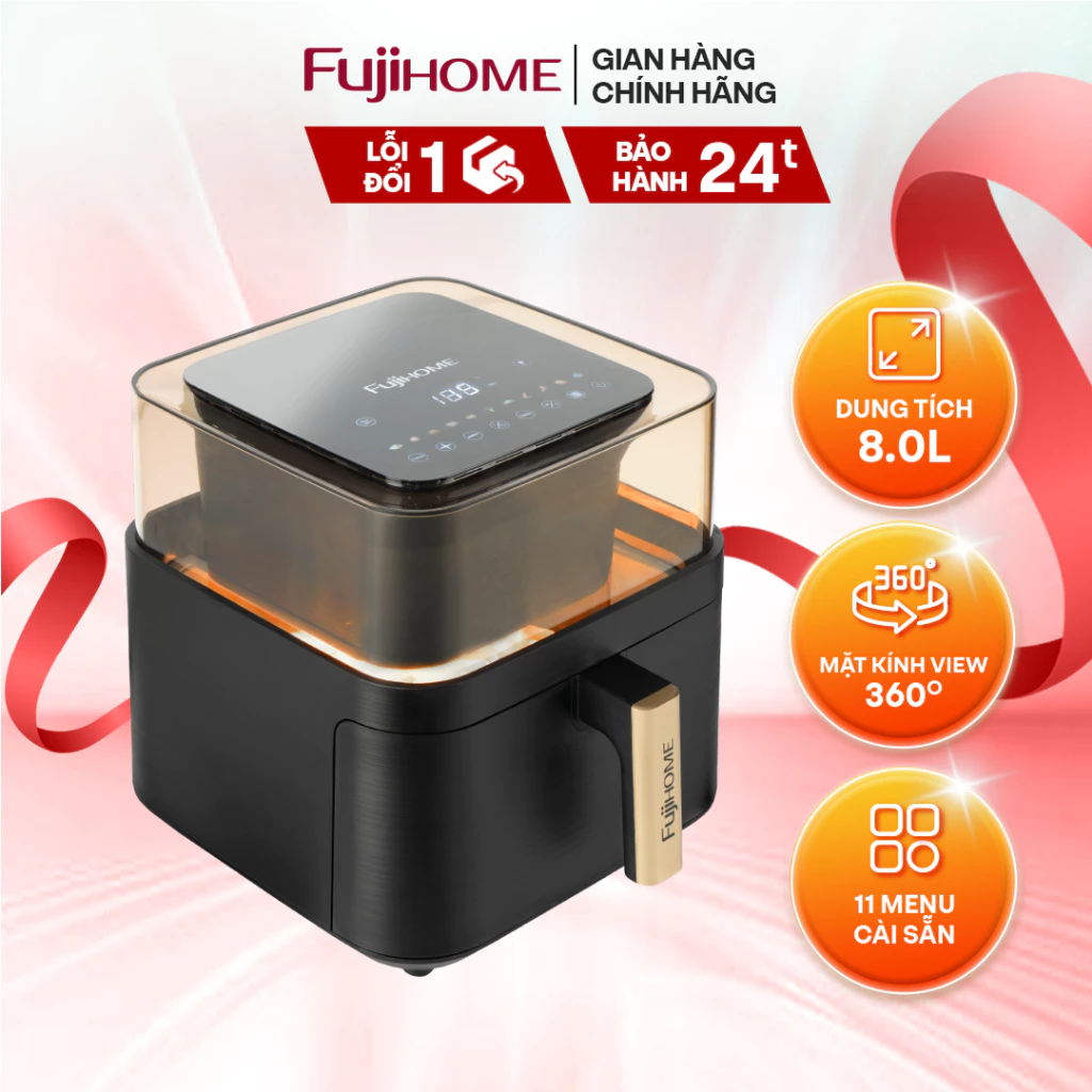 Nồi chiên không dầu 8 lít FUJIHOME A8DG2 mặt kính trong suốt view 360 độ, menu cài sẵn, mặt cảm ứng