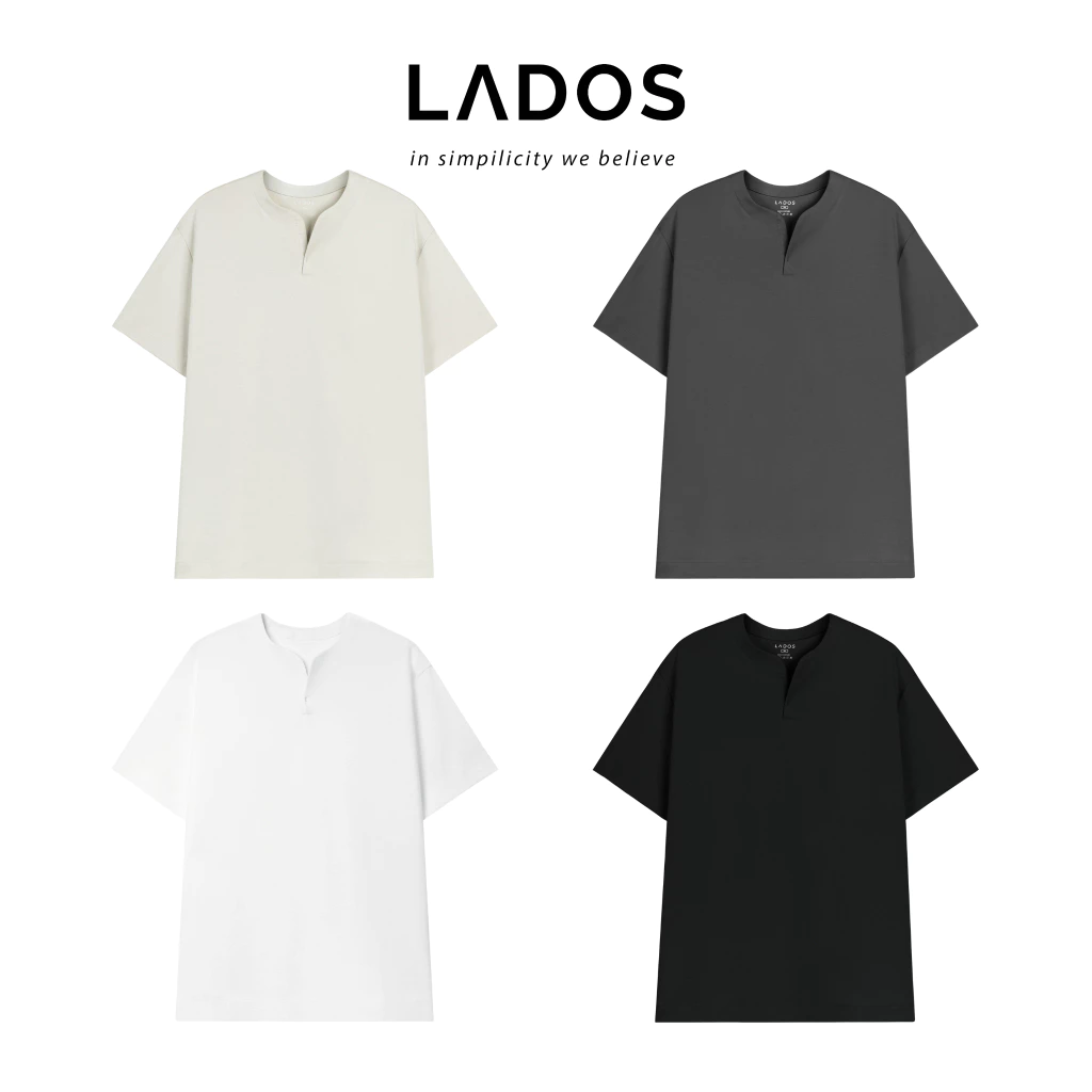 Áo thun tay ngắn cổ tròn xẻ V nam nữ cotton interlock 250gsm LADOS-9141 chất dày dặn, thấm hút, phong cách trẻ trung