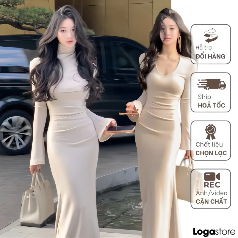 Đầm body dáng dài nhún eo cổ tim kèm choàng ngoài, váy thun co dãn dáng dài đuôi cá mặc được 2 kiểu Logastore_L330