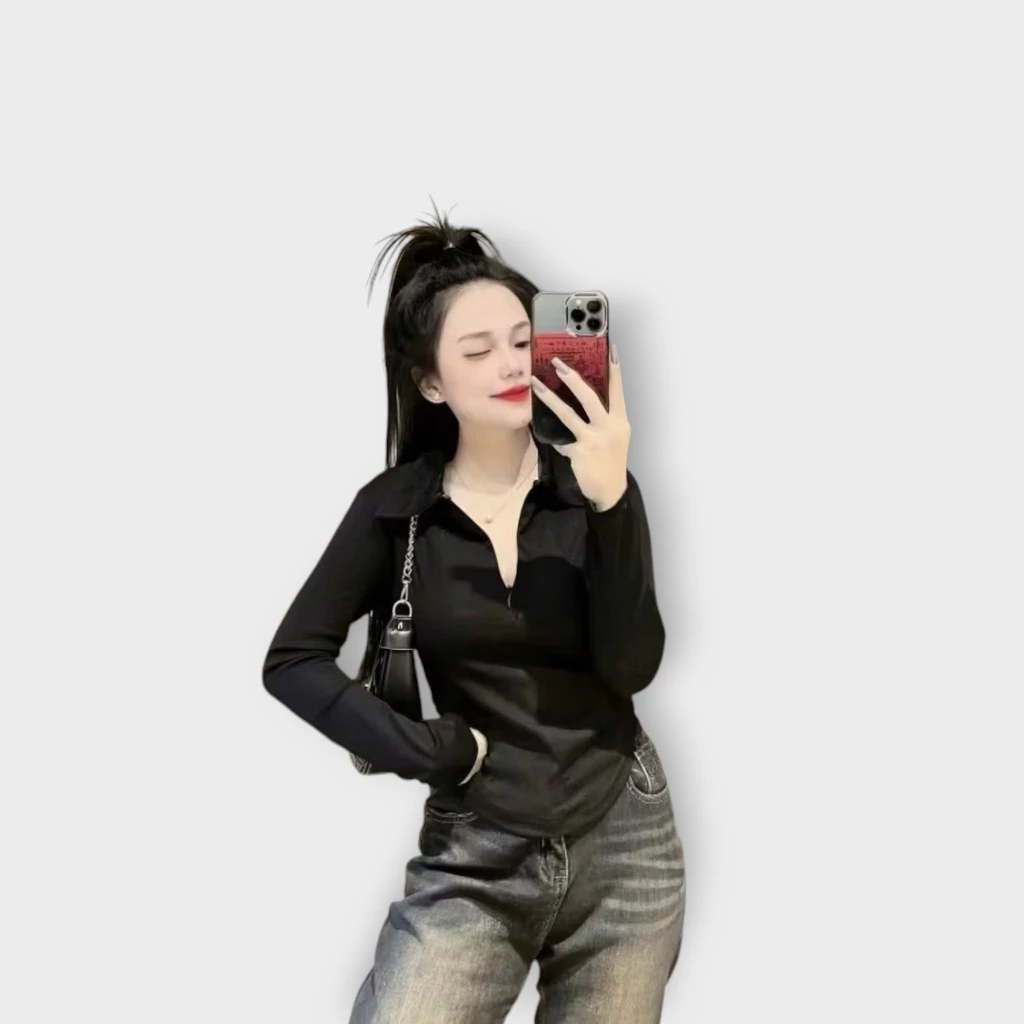 Áo thun ôm body nữ Tay Dài cổ bẻ phối khoá  kéo