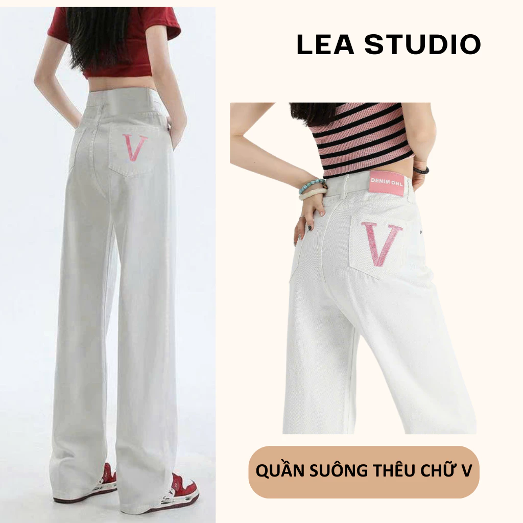 Quần kaki nữ ống rộng cạp cao, quần suông màu trắng cho nữ, thêu túi chữ V - Lea.studio