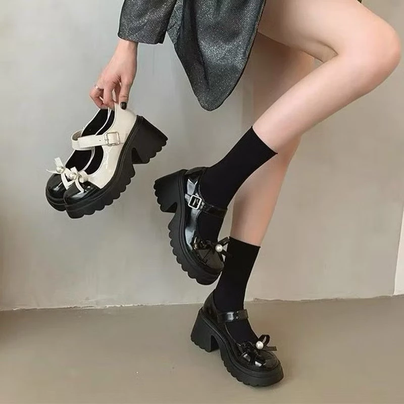 Giày búp bê Lolita đế răng cưa chất da bóng 5 phân nơ đính ngọc hót L79 ( phom rộng)