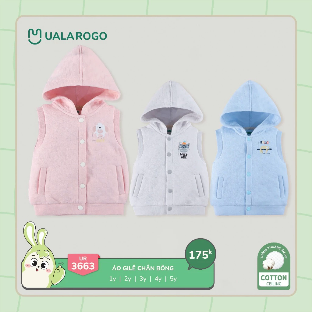 Áo khoác gile chần bông kèm mũ cho bé Uala rogo 1-5 tuổi vải Cotton ấm áp thông thoáng mềm mại 3663 ualarogo sơ sinh
