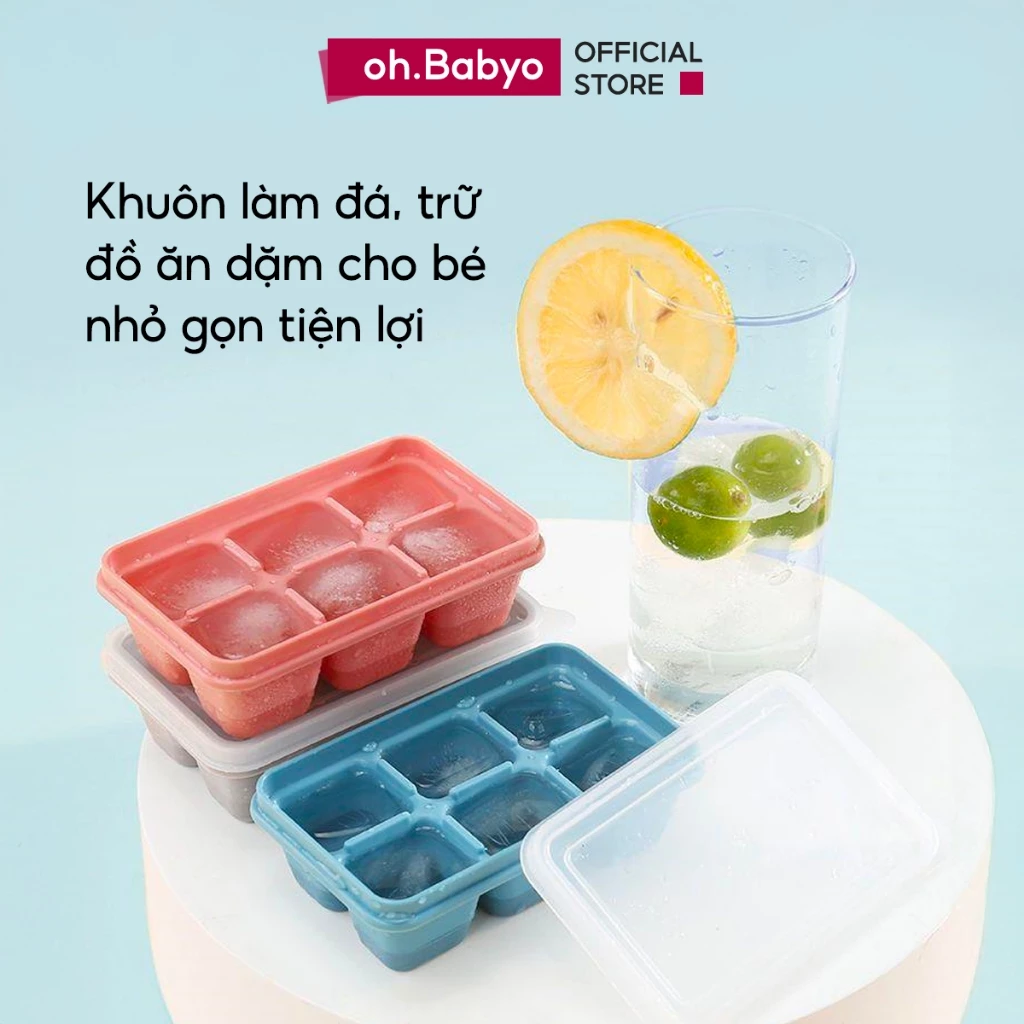 COMBO 5 Khay Làm Đá Viên Đáy Silicon Có Nắp Ngăn Mùi ohBabyo Khuôn Làm Kem Thạch Cho Bé Nhỏ Gọn Tiện Lợi