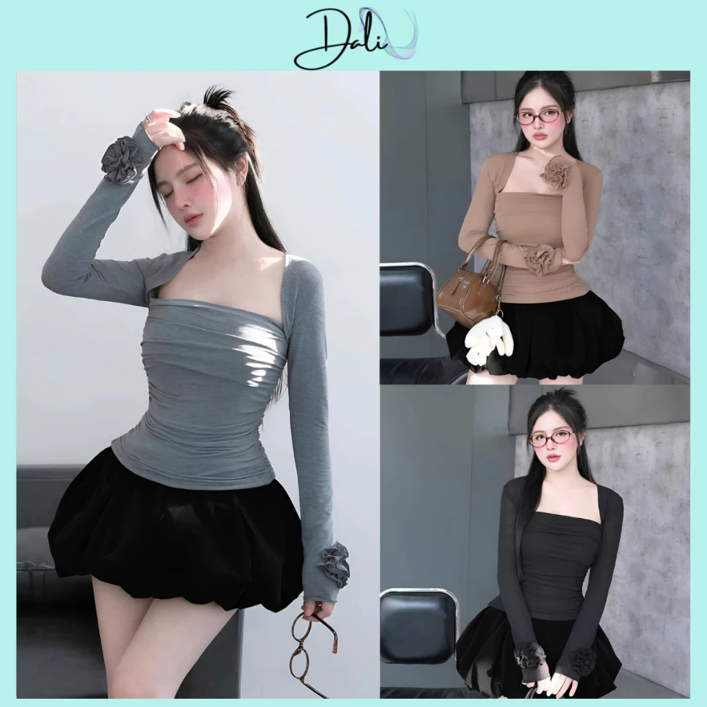 Set Áo Quây Rúm + Áo Khoác Cadigan Ngắn Đính Hoa Tay Hot Girl