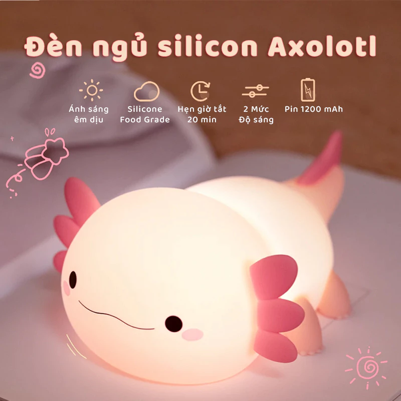 Đèn ngủ silicon Axolotl khủng long 6 sừng dễ thương - Quà tặng sinh nhật - Pin sạc 1200 mAh - Điều chỉnh độ sáng - BH 6T