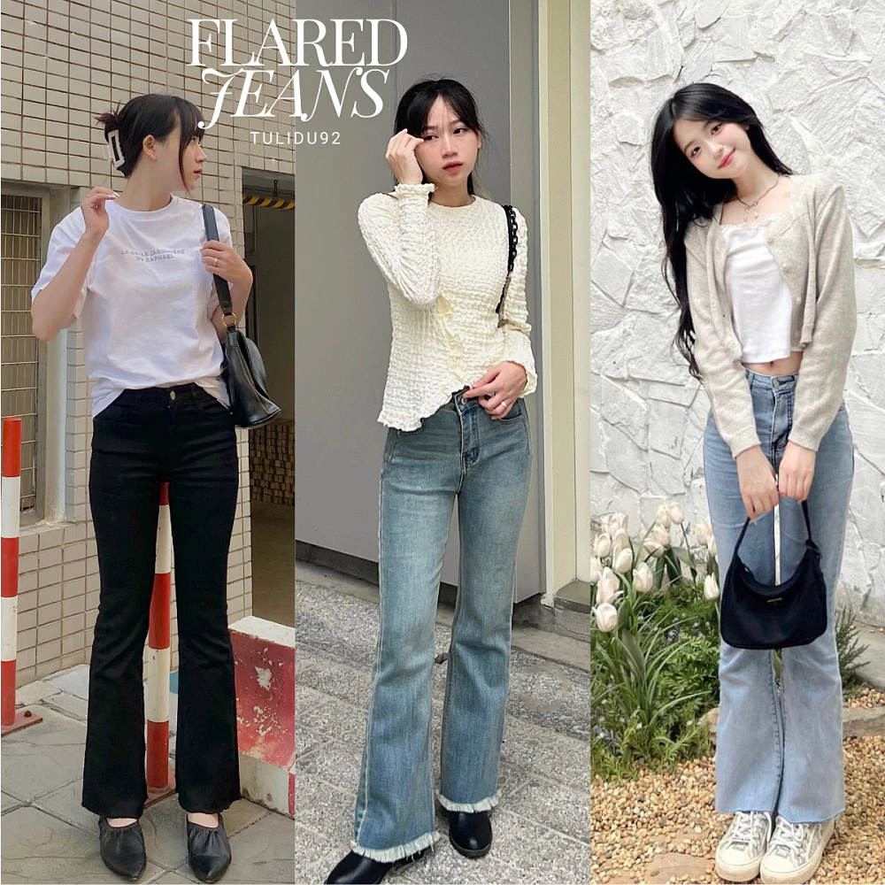 Quần Jean Ống Loe Lưng Cao Co Giãn Cắt Gấu Hàng Cao Cấp Tulidu [ẢNH THẬT] Quần Bò Ống Loe Rách Gấu Nữ
