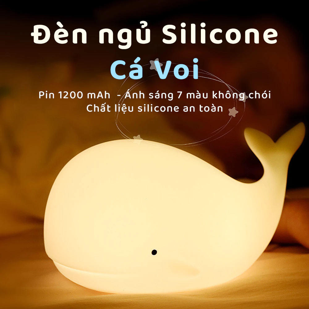 Đèn ngủ silicon cá voi cho bé - Quà Tặng Cho Bé - Silicon an toàn - Pin 1200 mAh - LED nhiều màu - Hẹn giờ - BH 6T