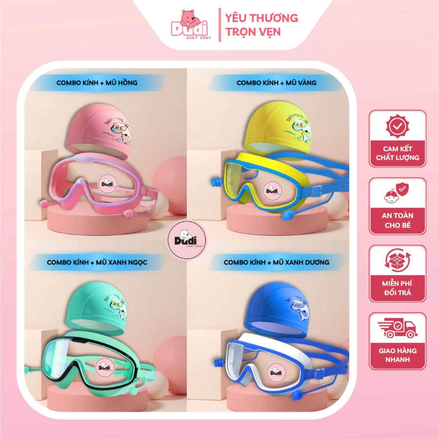 Kính Bơi Trẻ Em, Combo Kính Bơi + Mũ Bơi Cho Bé Silicon, Có Nút Bịt Tai, Chống Nước Vào Mắt, Chống Hấp Hơi Tốt.