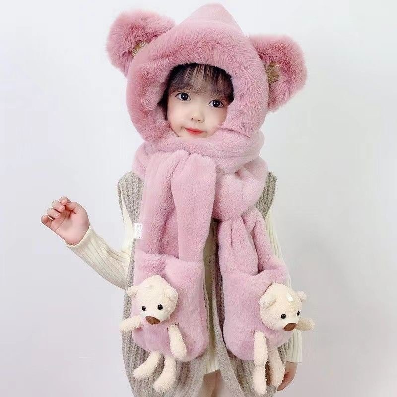 【Hwang】Mũ M trẻ em 3in 1 Kèm Khăn Choàng Cổ Giữ Ấm Cho Bé Vào Mùa Đông (5-13t)