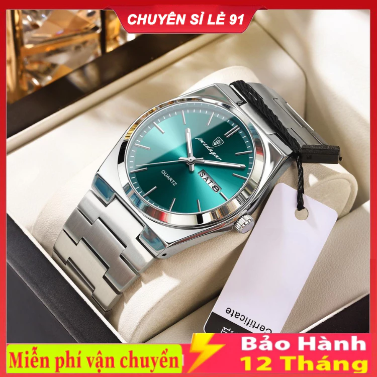 Đồng hồ nam Poedagar 930 chính hãng có lịch thứ, dây thép không gỉ, chống nước