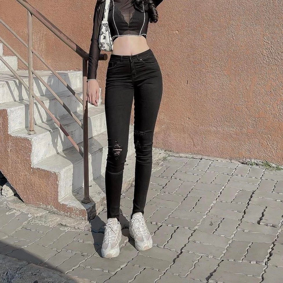 [SALE XẢ KHO] Quần Jean Dài Màu Đen Tuyền Lưng Cao Rách Ngang Đùi Lai Kiểu Bigsize 55-90kg 4284 Moli Jeans