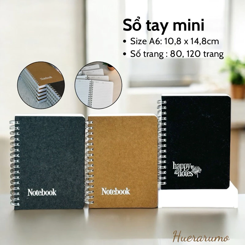 Sổ lò xo A6 HUERARUMO, 80-120-200 trang, giấy kẻ ngang 100gsm, sổ bìa cứng giấy bookpaper màu vàng nhạt 66-70 gsm.