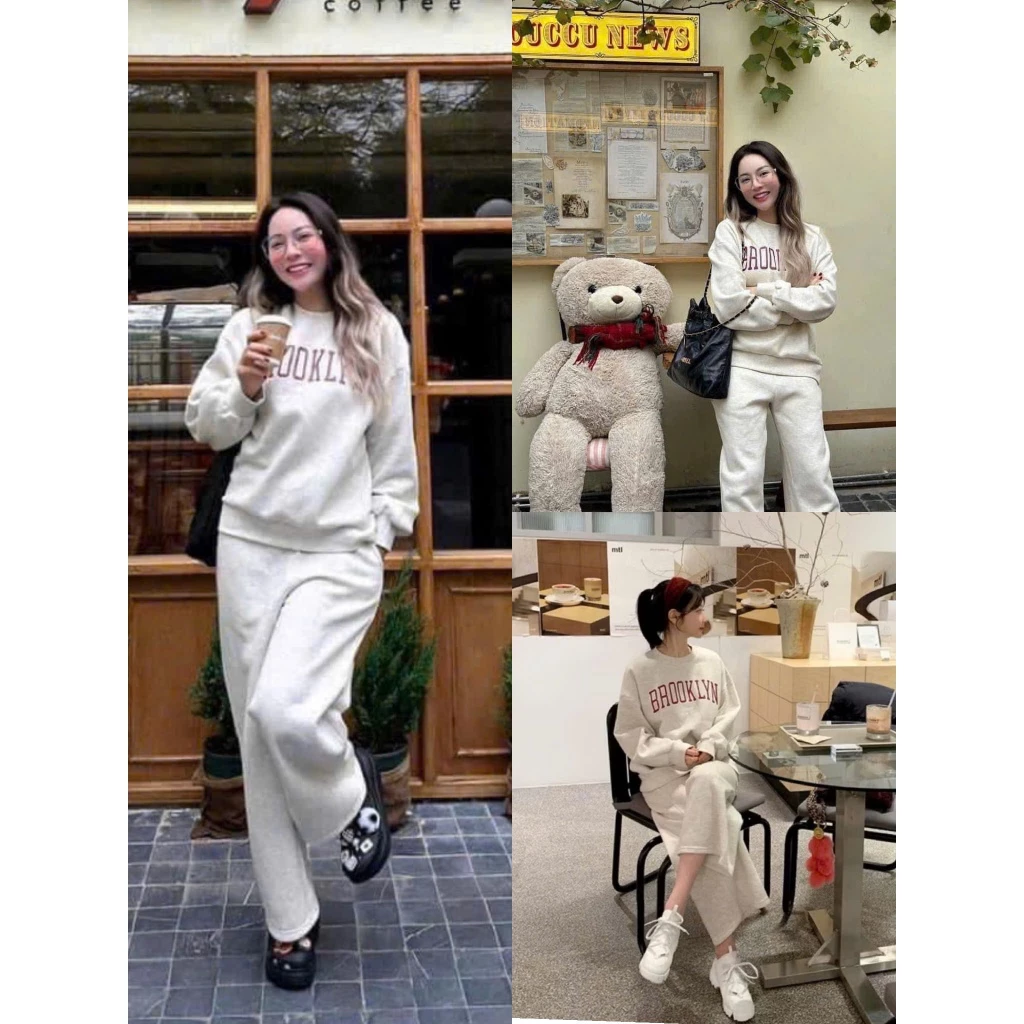 Set bộ nỉ bông nữ in phồng brooklyn , áo nỉ sweater màu xám trắng kèm quần nỉ dáng dài dáng suông ulzzang