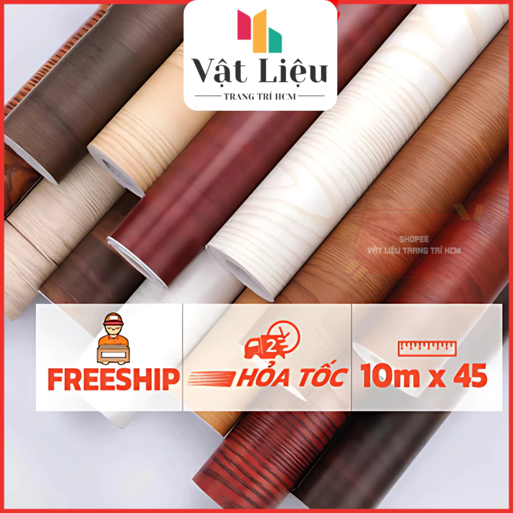 Giấy dán tường giả gỗ có keo sẵn chống thấm nước ẩm mốc, trang trí bàn, tủ khổ rộng 45cm dài 10 mét
