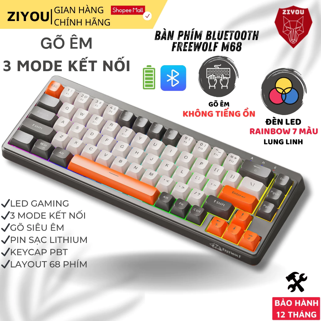 Bàn Phím Không Dây Ziyou Free Wolf M68 - Bluetooth 5.3 Kết Nối Đa Năng Led Pro Pin Sạc