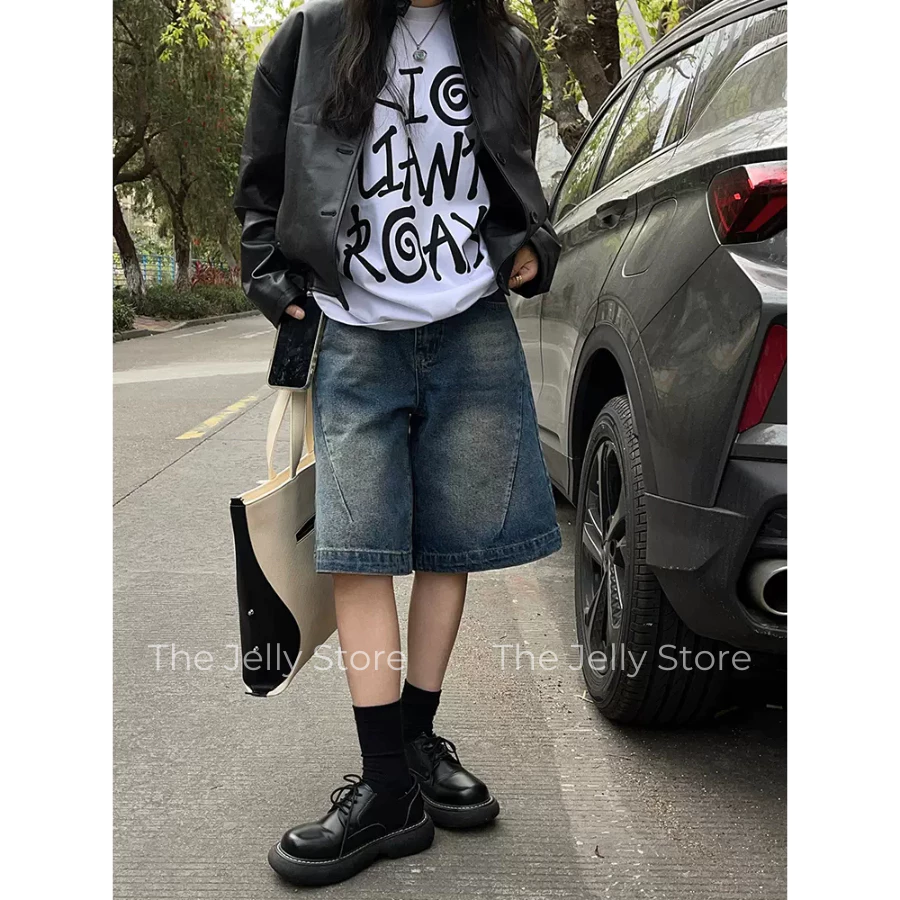 Quần Short Jeans lửng wash cạp thấp ống rộng form unisex nam nữ, Quần bò ngố đùi ngang gối S004