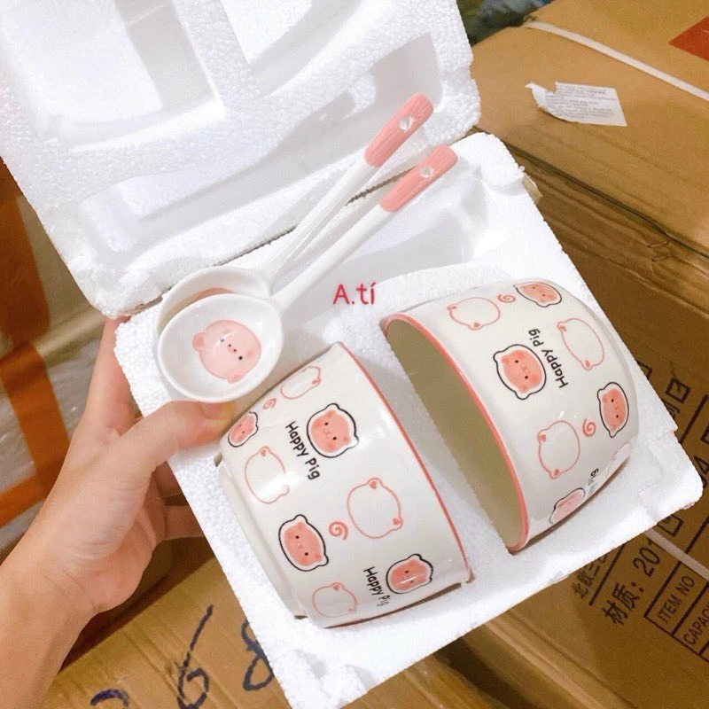 Set 2 bát gấu- BÁT LỢN HEO  kèm 2 thìa - Bát sứ cho bé siêu xinh