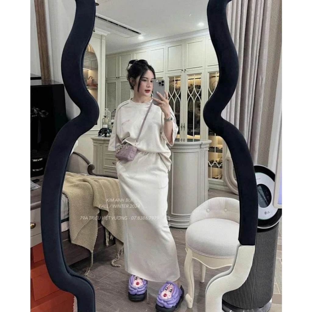 B174 SET MARRO TRẮNG VIỀN TÍM KAB Set Bộ Đồ Nữ Sang Chảnh Cá Tính Năng Động Áo Cộc Tay Chân Váy Dài 2size 40-80kg