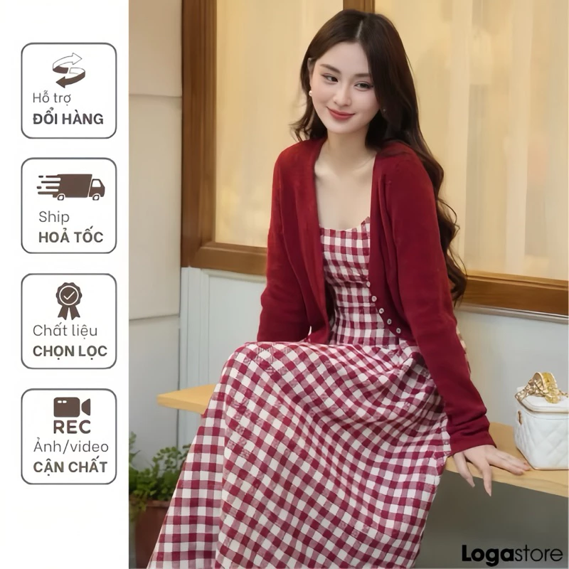 Set váy dạ caro 2 dây dáng dài kèm áo choàng đỏ, set đồ nữ phong cách tiểu thư, váy kẻ sọc mix cadigan_L587 Loga store