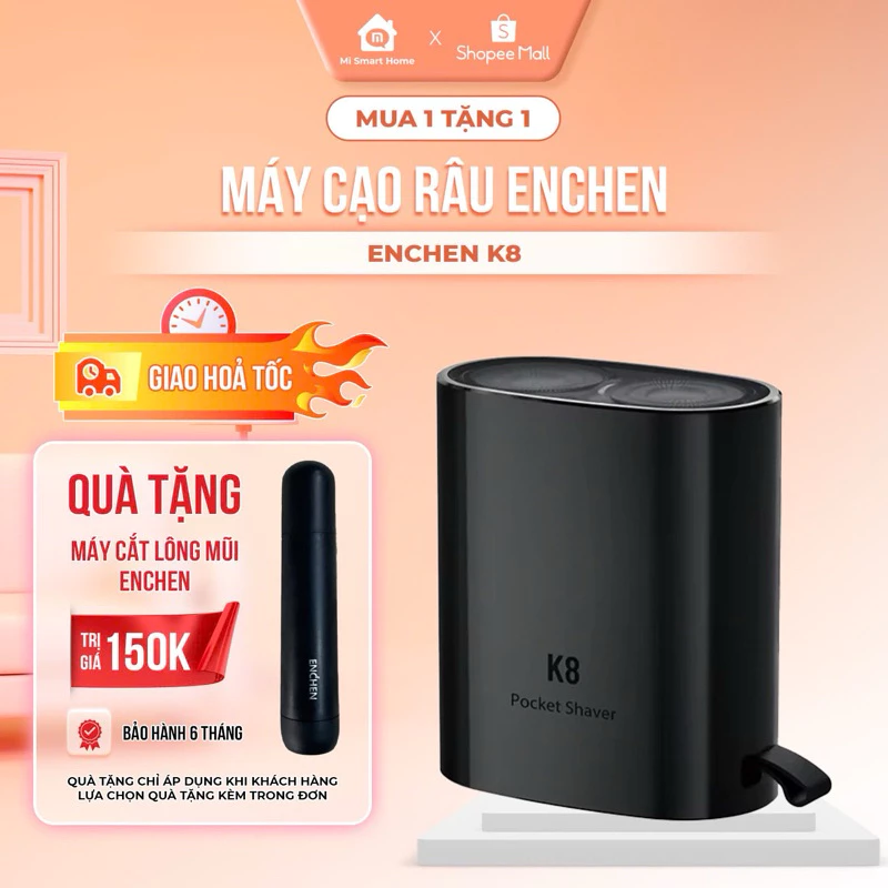Máy cạo râu mini Enchen K8 đầu cạo 2D chống nước,18 lưỡi dao tự mài, pin dùng đến 60 ngày- Bảo hành 6 tháng