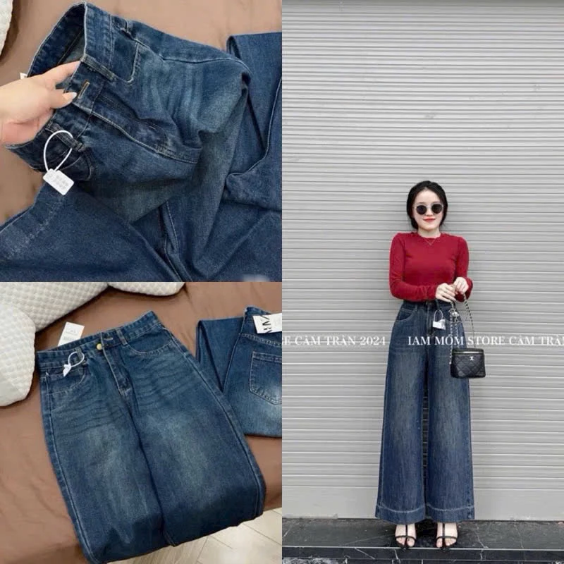 Quần jeans xuông nữ gấu to dáng rộng vải mềm qc xanh trơn hot hit sẵn ship
