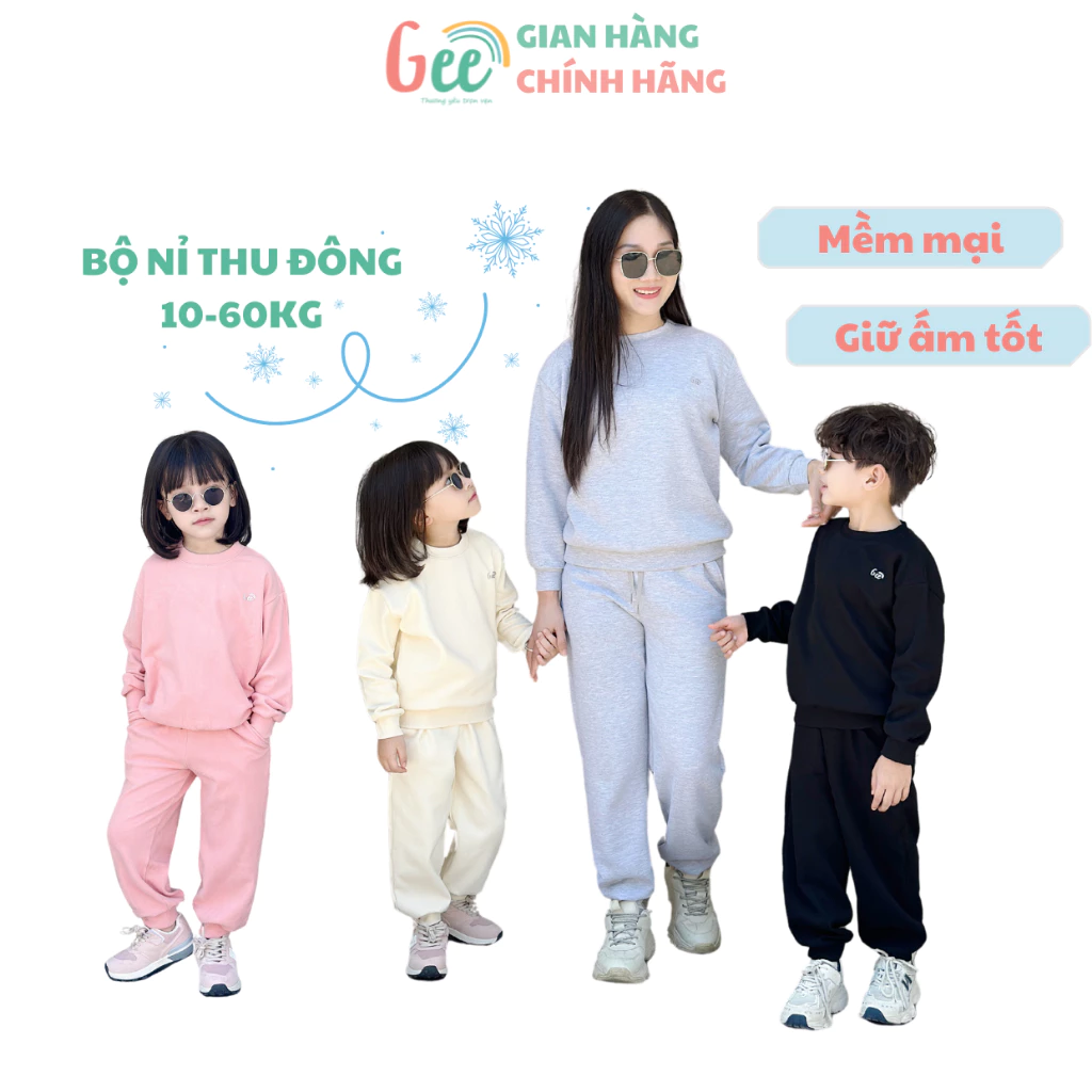 Set bộ nỉ thu đông Gee giữ nhiệt cho bé trai, bé gái, size 10-60kg, nỉ bông và nỉ da cá mềm mại, co giãn, giữ ấm tốt