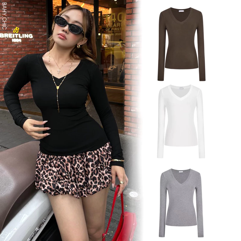 ( V-SHIRT)  Áo cổ chữ V tay dài, đơn giản phong cách hằng ngày | BAHYCHIC