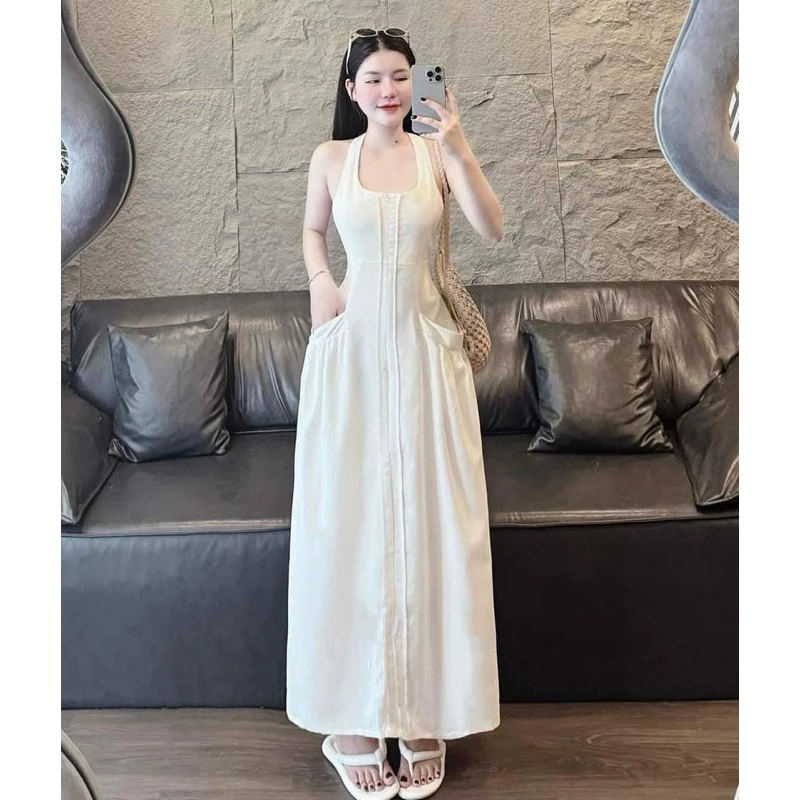 Váy linen xoắn lưng dáng dài, váy maxi xoắn lưng màu ghi khoá trước Logastore_L771