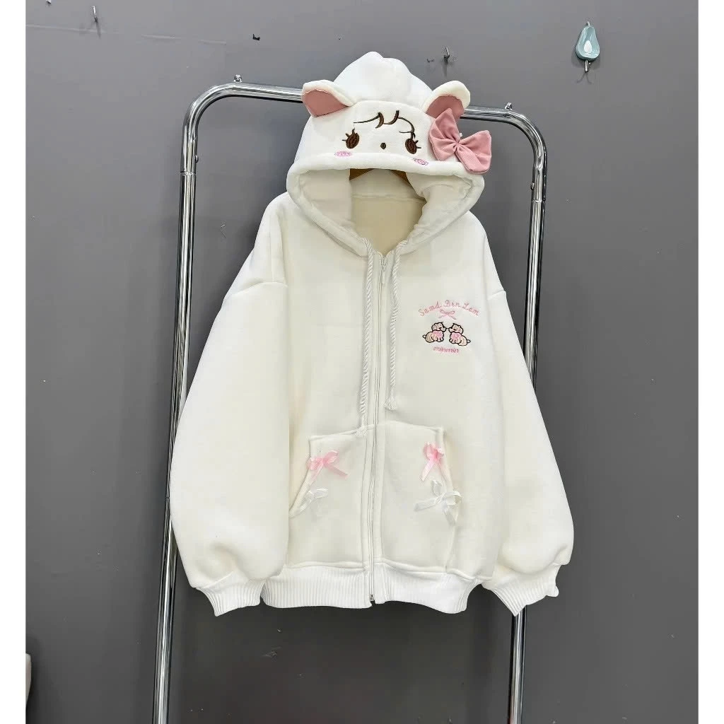 Áo khoác nỉ  hoodie zip nữ hoạ tiết  cún nổi bật mũ phối tai   kem nơ cực xinh