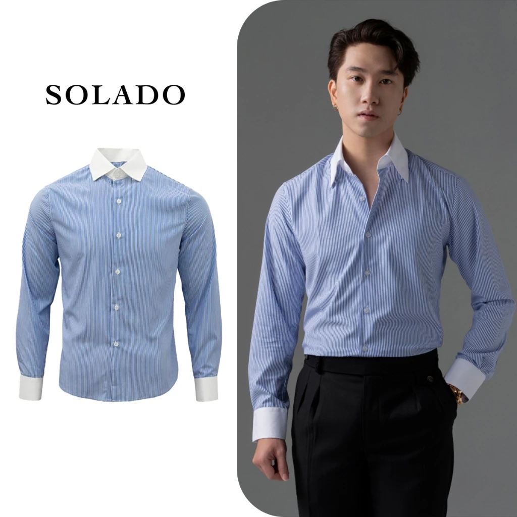 Áo sơ mi nam kẻ sọc xanh trắng hàn quốc công sở phối cổ trắng vải lụa co giãn chống nhăn gấp hộp SOLADO SMKS