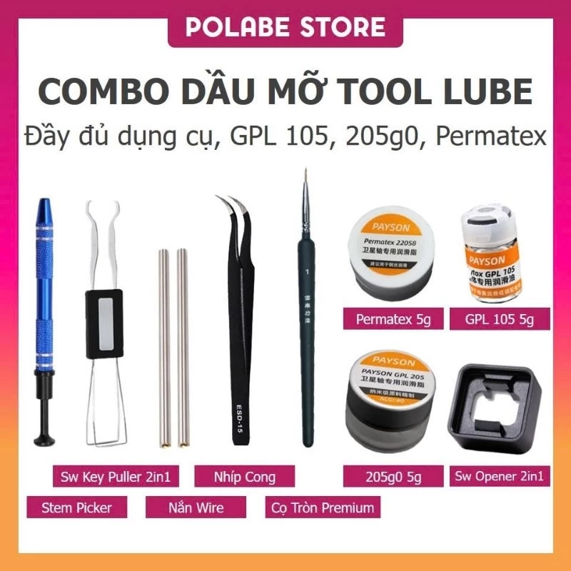 Combo all in 1 dụng cụ lube switch lube stab bàn phím cơ Krytox 205g0 GPL 105 Permatex Payson switch opener Polabe Store