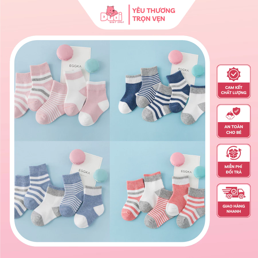 Combo 5 Đôi Tất Chân Trẻ Em Từ 1-3 Tuổi, Trẻ Sơ Sinh, Vải Cotton Chống Trơn Trượt Cho Bé Trai, Bé Gái Đi Cực Xinh - TC03