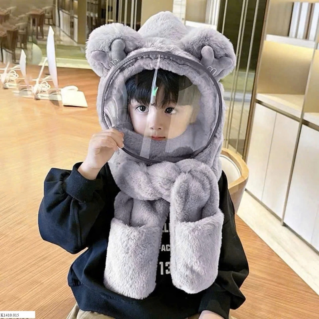 Mũ Len 3in1 Lông Trùm Đầu Có Kính Chắn Gió Kèm Khăn Quàng Cổ Và Xỏ Tay Cho Bé🍀FREESHIP🍀Nón Len Lông Cừu Có Bao Tay