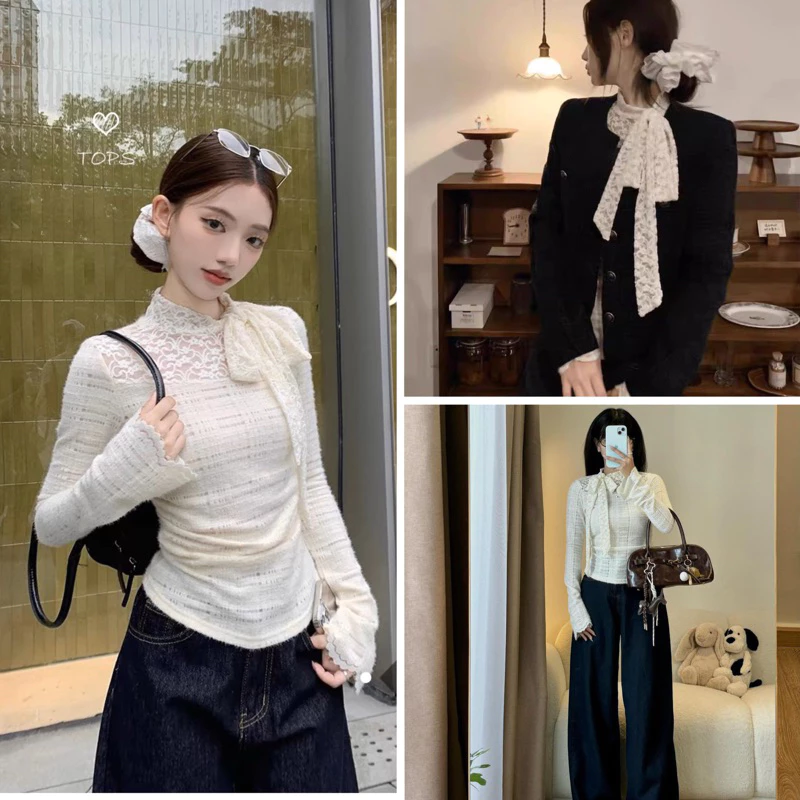[ÁO THUN REN DÀI TAY PHỐI CỔ REN BUỘC NƠ SIÊU XINH KUMI
