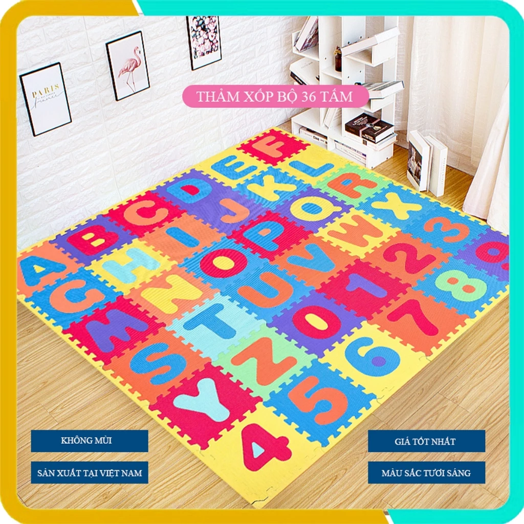 Thảm xốp cho bé  36 tấm (26 chữ cái từ A-Z và 10 chữ số từ 0-9)- Kích thước mỗi tấm 30x30x1cm- Mẹ Tròn Store