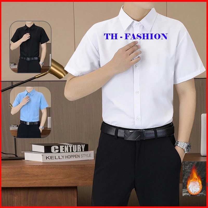 Áo sơ mi nam tay ngắn, chất liệu lụa trơn mềm mát, chống nhăn thấm hút mồ hồi