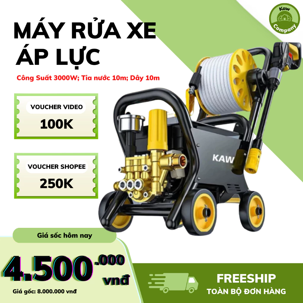 Máy Rửa Xe Cao Áp KAW Lõi Đồng, Công Suất 3000W Máy Rửa Xe Công Nghiệp  Dây dài 20m