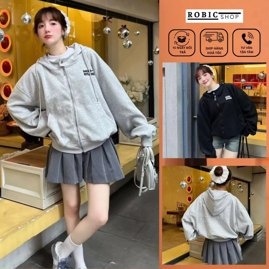 Áo Khoác Hoodie Zip BOXY Có Nút Bấm, Dập Nổi Mon Studio Siêu Đẹp, Áo Khoác Nỉ Thời Trang Unisex Đẹp Phong Cách-ROBIG