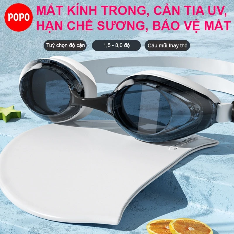 Kính bơi cận thị 1.5 đến 8.0 độ POPO 613 cho người lớn và trẻ em từ 6 tuổi chống tia UV