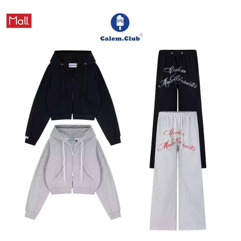 Calem.Club - Quần dài ống rộng Nỉ Chân Cua dày dặn và Áo Khoác thu đông Nỉ Dây Kéo 2 đầu form boxy chữ in hoodie zip