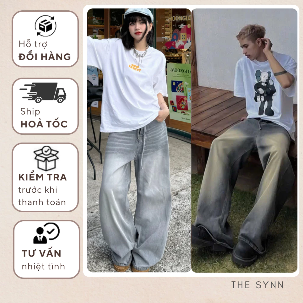 Quần jean ống rộng nam nữ unisex form siêu to phối dây thừng chất bò cao cấp The Synn - QJ31