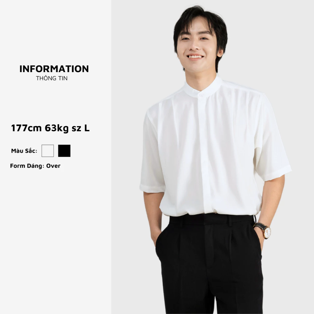 Áo sơ mi cổ tàu ARMCEO ngắn tay form rộng cách điệu chất liệu lụa Korea  -S08