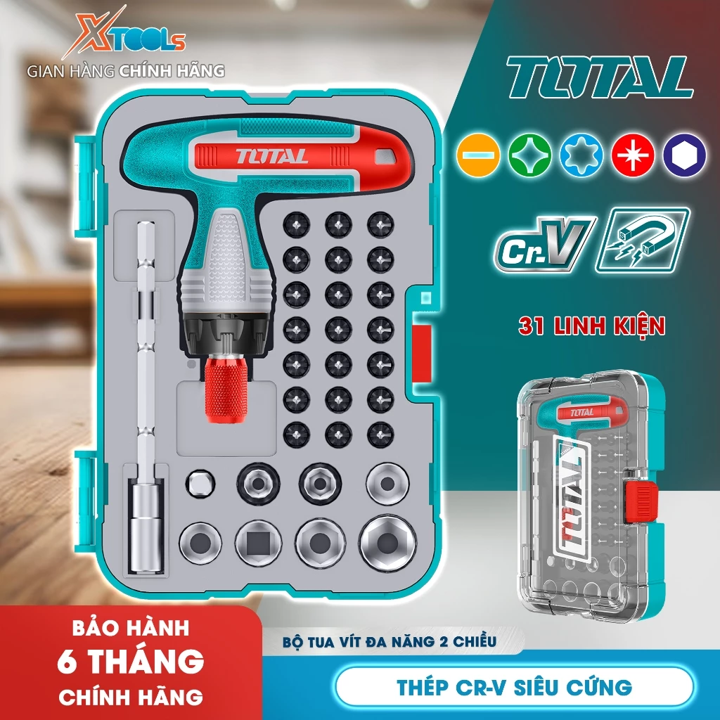 Bộ tua vít đa năng 31 chi tiết tay cầm chữ T TOTAL đóng mở 2 chiều, bộ tuốc nơ vít bake, dẹp, đầu sao, kèm đầu tuýp CR-V