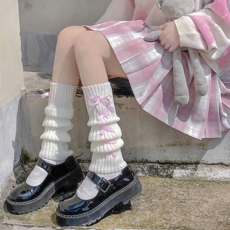 Tất ống dệt kim cột nơ xinh phong cách y2k, tất lolita xinh